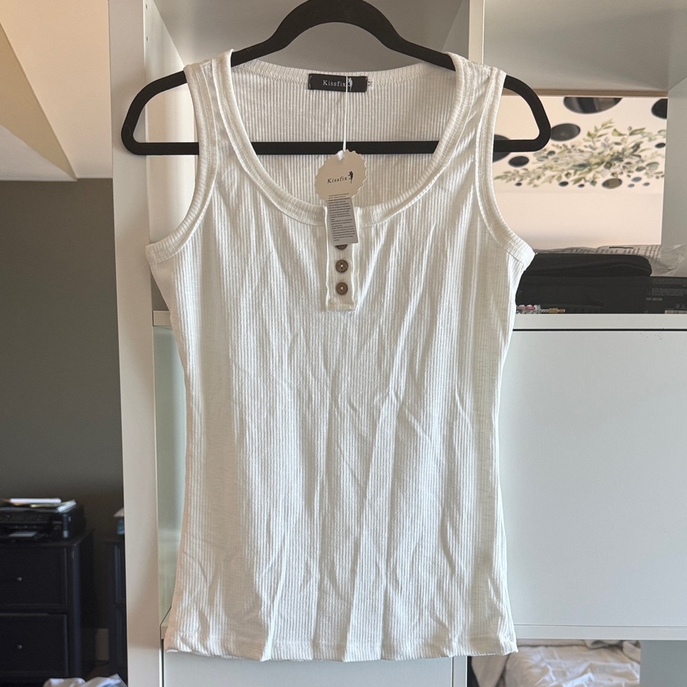 Kendall & Kylie Cream Ribbed Tank Top with Button Detail